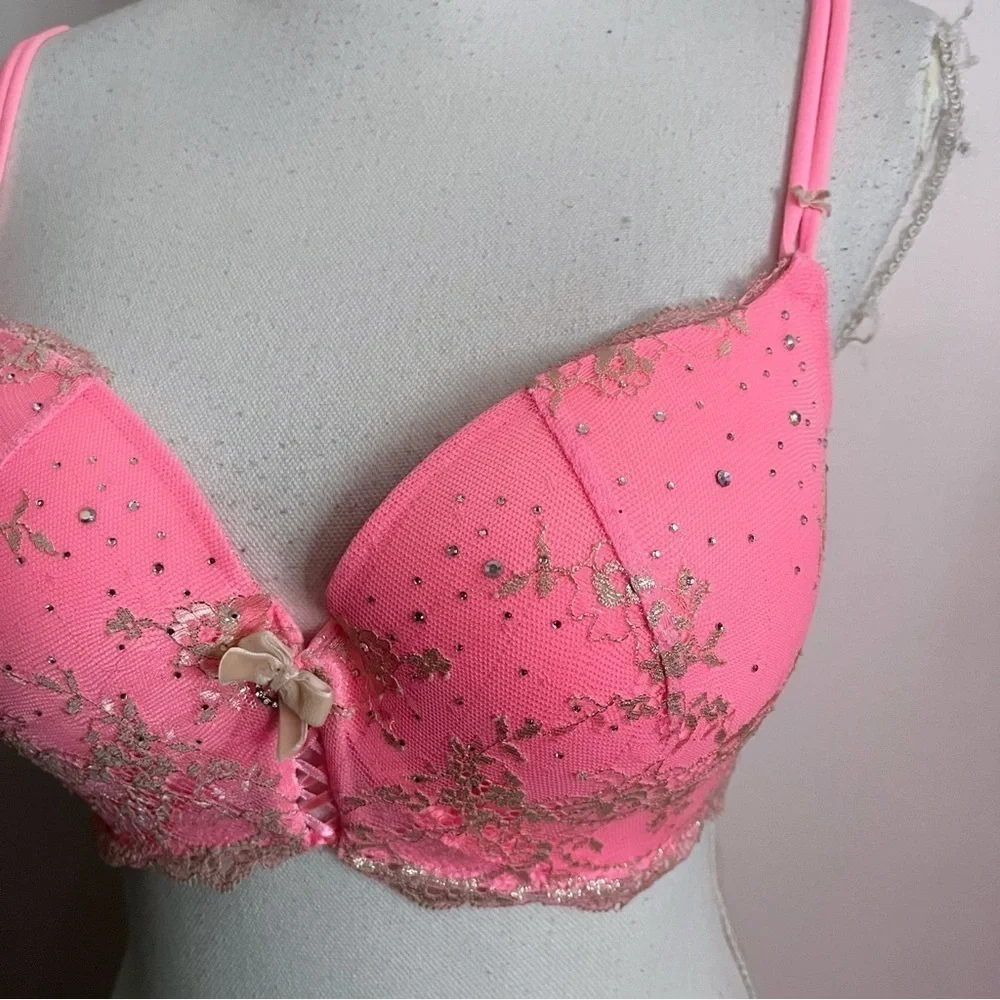Victorias Secret • Bright Pink Lace Rhinestone Padded Demi Bra